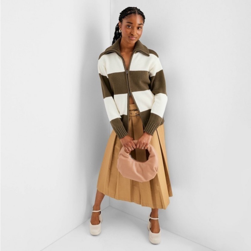 Women's Long Sleeve Striped Zip-Up
Collared Cardigan -  Olive Green